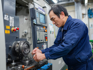 旋盤機を操作する熟練工場作業員の姿