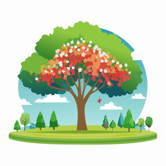 Vector watercolor blooming flower tree or forest side view isolated on white background for landscape and architecture drawing,elements for environment or and garden,shrub for section ,Set of floral