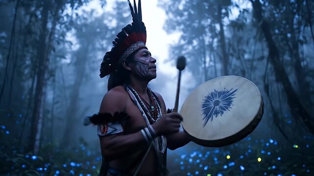 Tribal Man Playing Hand Drum in a Misty Forest at Night with Glowing Flora Displaying Indigenous Culture and Spiritual Practice Featuring Face Paint Feathered Headdress and Traditional Drumming