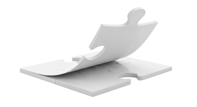 A single white jigsaw puzzle piece lifting to reveal connection.