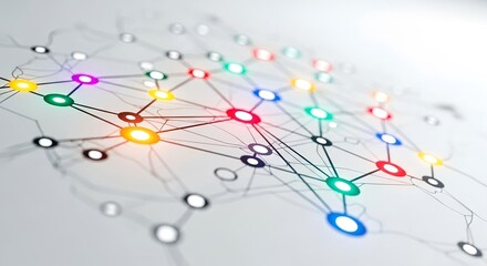 Naklejka premium Network of colorful nodes connected by lines illustrating data relationships in a modern digital environment