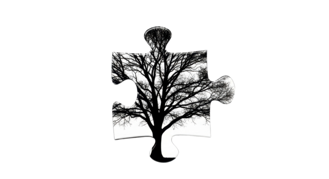 Bare tree silhouette within a puzzle piece, symbolizing nature's interconnectedness.
