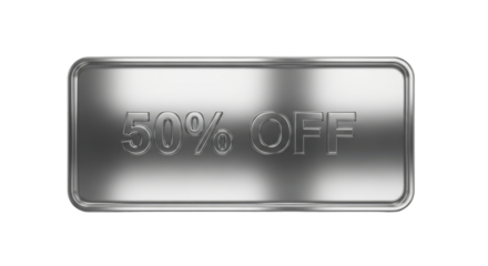 Metallic 50% off discount sign, brushed silver, promotional offer.