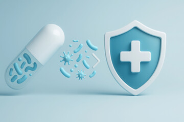 Probiotic capsule gut bacteria immune health medical shield cross symbol blue background calm