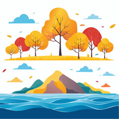 Vertor set of autumn tree,plants side view for landscape elevation and section,eco environment concept design,watercolor ginkgo tree illustration,colorfull seas