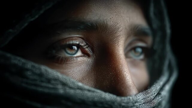 Mysterious veil under deep eyes gazing forward