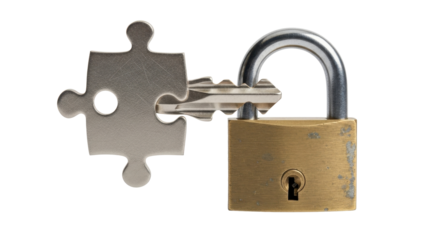 A metallic key, a puzzle piece, and a padlock, symbolizing the need for a key to unlock solutions.
