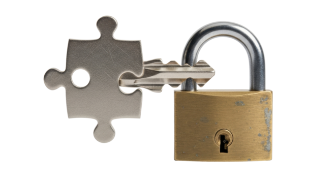 A metallic key, a puzzle piece, and a padlock, symbolizing the need for a key to unlock solutions.