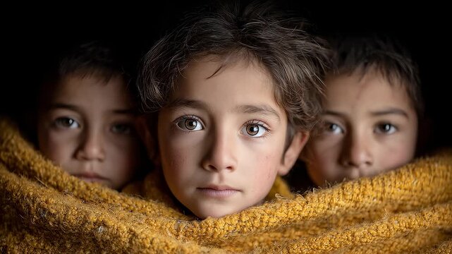 Three Children in Yellow Blanket Display Warmth and Hope