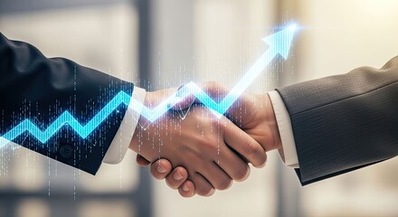 Dynamic business partnership formation with a handshake symbolizing trust and a glowing upward graph representing financial growth and shared success