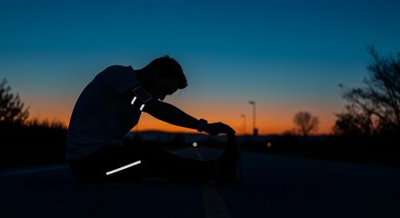 Silhouette of a man stretching outdoors at sunset, preparing for a run; low-key lighting, conveying a feeling of calm before