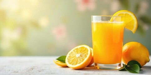 Fototapeta premium Refreshing glass of freshly squeezed orange and lemon juice, vibrant citrus colors, healthy breakfast drink, perfect for summer , organic, fruit juice, citrus juice