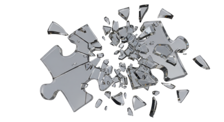 Shattered glass puzzle pieces explode outwards, signifying broken connection or failure.