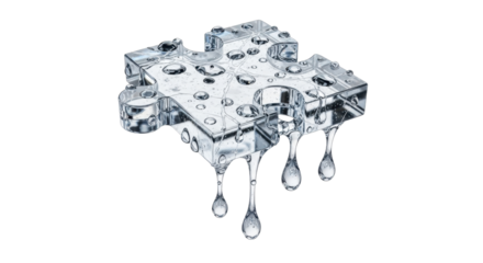 Transparent jigsaw puzzle piece, wet, dripping water, solution concept.