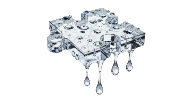 Transparent jigsaw puzzle piece, wet, dripping water, solution concept.