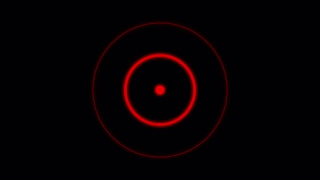 Animation of red circular waves diverging and fading in a circle from a central source on a transparent background. Seismic activity site. Alpha channel.