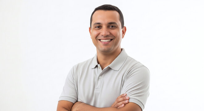 Portrait of a smiling man with arms crossed wearing a gray polo shirt against a white background