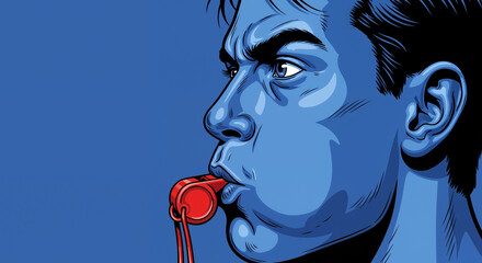 A determined corruption whistleblower with a focused expression blows a red whistle, a striking pop art illustration symbolizing speaking out against injustice.