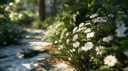 Enchanting sunlit daisy field, inviting pathway scene in tranquil nature