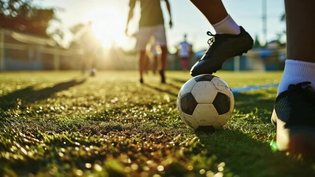 Low-angle shot of a soccer ball on a sunlit field with players in the background, capturing the essence of a dynamic sports video scene.