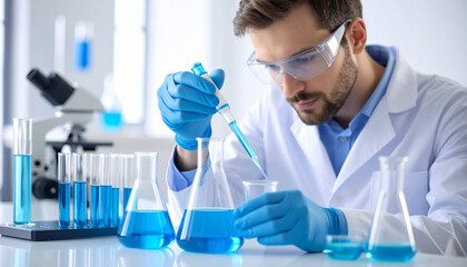 Fototapeta premium Scientist conducting experiment with blue liquid in laboratory setting, research concept