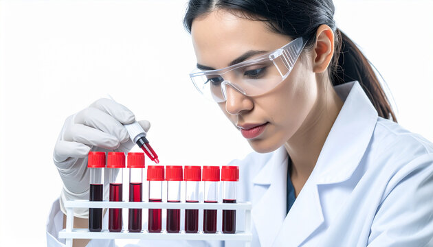 Scientist analyzing blood samples in laboratory, medical research and healthcare concept