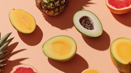 Top view Pineapple papaya and citrus fruits on orange background