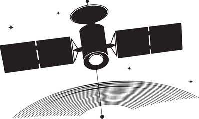 Satellite Orbiting Earth with Communication Waves and Stars in Space Black and White Vector