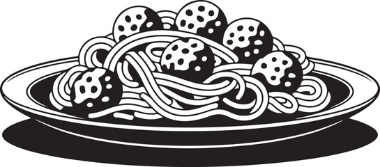 Spaghetti with Meatballs on a Plate Black and White Vector Illustration Delicious Meal