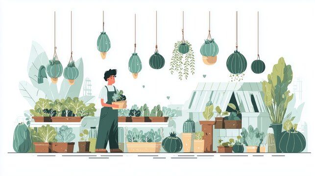 Plant shop interior with potted plants and hanging greenery isolated on a white