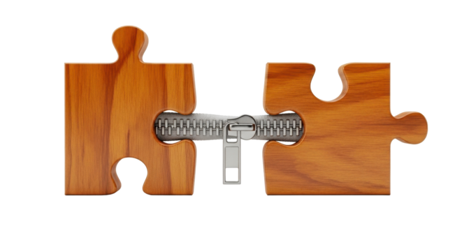 Wooden puzzle pieces joined by a zipper, symbolizing connection and closure.