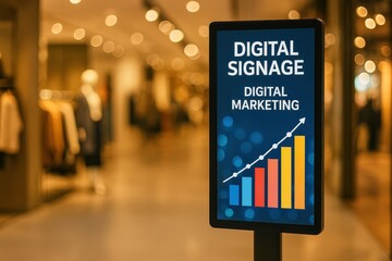 Digital advertising display in modern shopping environment with out-of-focus retail background for commercial marketing mockups