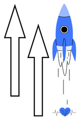 Rocket blasting off alongside two upward arrows, accompanied by a heart and heartbeat line. Ideal for innovation, progress, motivation, growth, startup ideas, health and sustainability. Simple flat