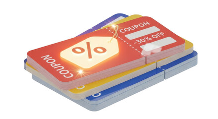 Stacked colorful coupon vouchers with percentage discounts.