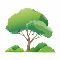 Isolated Vector Watercolor Illustration of a Green Tree in Side View on White Background, Ideal for Landscape and Architectural Designs, Environmental Elements