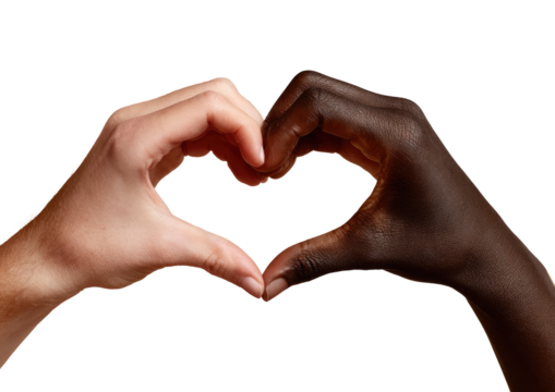 Two hands, light and dark skin tones, form a heart shape