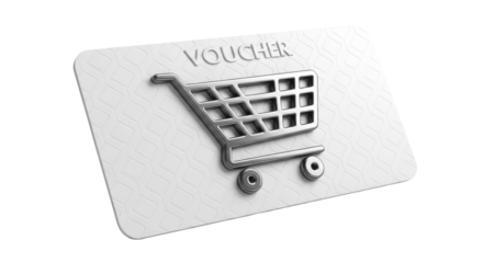 A white voucher card with a shopping cart graphic, representing a gift certificate or discount.