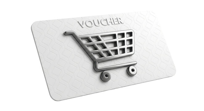 A white voucher card with a shopping cart graphic, representing a gift certificate or discount.