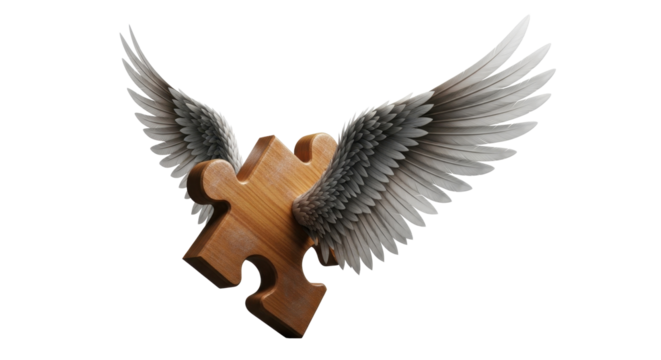 A wooden puzzle piece with detailed wings, isolated on a white background, symbolizing flight.