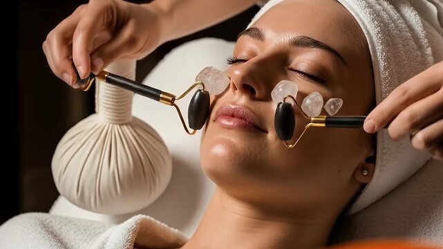 Woman Receiving a Crystal Roller Facial Massage and Herbal Compress Treatment in Spa with Soft Lighting Eye Level View for Wellness and Relaxation ads advertisement promotion