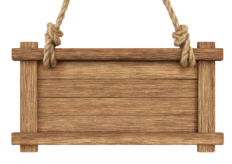 Wooden signboard hanging from ropes