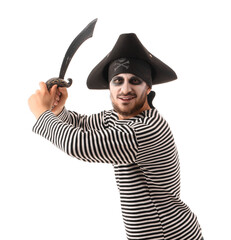 Young happy man dressed as pirate for Halloween with saber isolated on white background