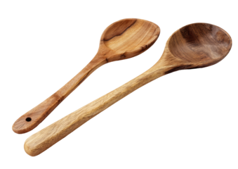 Two wooden spoons, slightly angled, with a natural wood grain.  One spoon is slightly larger than the other.  Both have a rounded bowl and a long, slender handle
