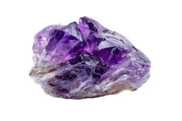 Close-up of a cluster of amethyst crystals.  Deep purple, faceted crystals are clustered on a light grayish-purple base.  Sharp points and facets are visible
