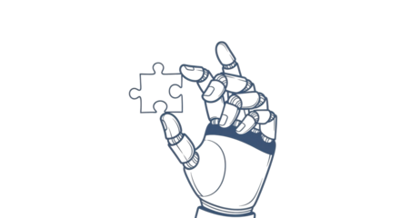 A robotic hand holding a puzzle piece, showcasing problem-solving and technology.