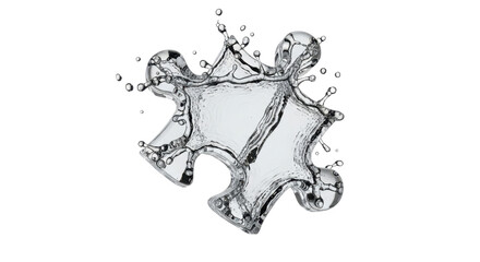 Fototapeta premium A water splash shaped like a puzzle piece, isolated on white background, showing droplets.