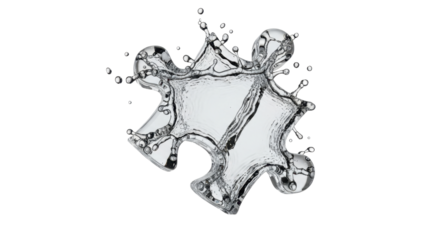 A water splash shaped like a puzzle piece, isolated on white background, showing droplets.