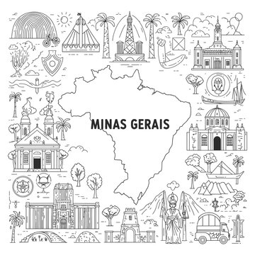 minas gerais state brazil map showing landmark icons great for travel and culture website illustrations