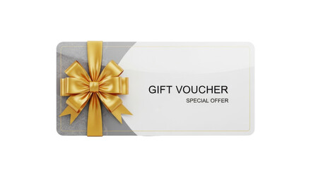 A gift voucher with a gold bow, offering a special promotion, isolated on white.