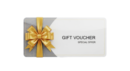 A gift voucher with a gold bow, offering a special promotion, isolated on white.